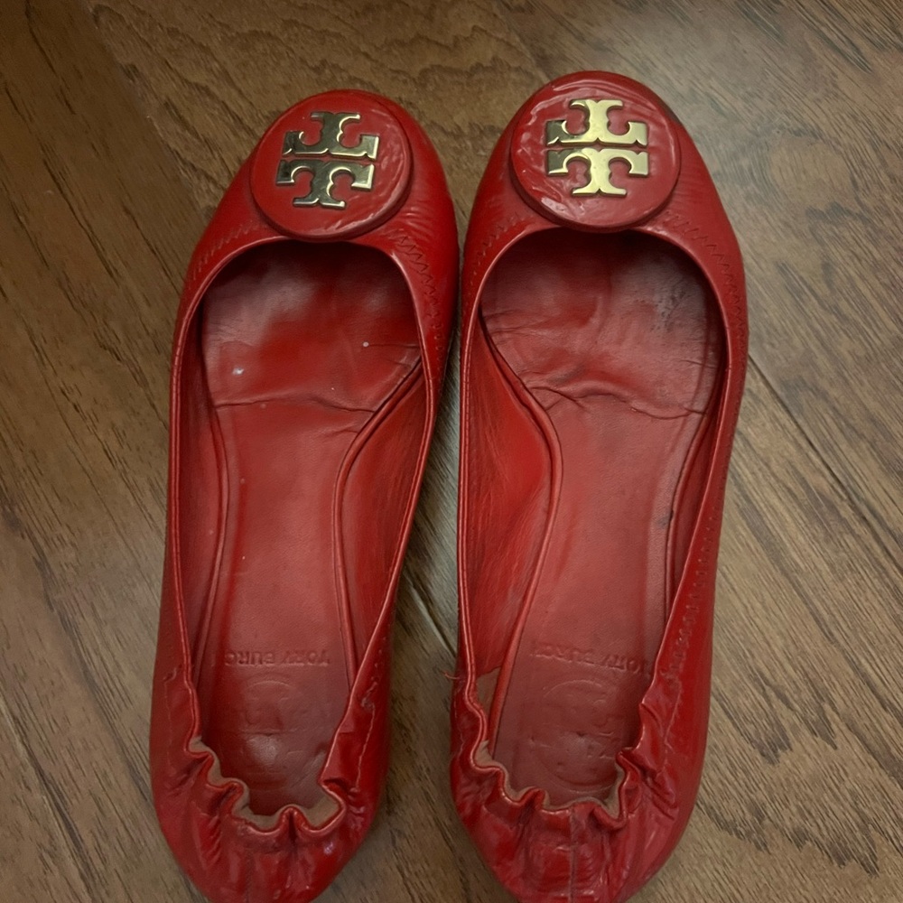 Tory Burch Red Leather Flats with Gold Logo